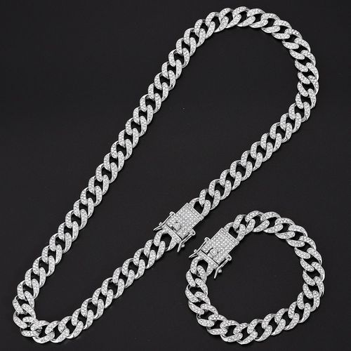 2023 NEW 15mm 마이애미 프롱 쿠바 체인 링크 실버 컬러 목걸이 2 Row Full Iced Out 라인 석 팔찌 남성용 힙합 체인 세트