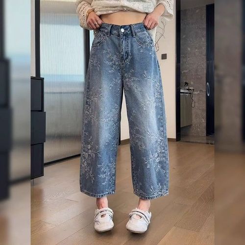 여성 봄여름 캐주얼 꽃무늬 데님 스트레이트 팬츠cy