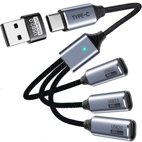 USB-C 3포트 분배기, USB 어댑터 데이터 전송 지원, 충전 겸용, 멀티 Type-C 암 변환 케이블, 스마트폰/PC/USB메모리/키보드/프린터 호환, 1개, 블랙